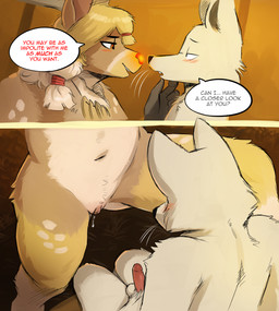 anthro biped blonde_hair brown_body brown_fur duo female fingers fur genitals hair inside male nude nude_anthro nude_female nude_male sitting standing white_body white_fur the-minuscule-task takna_(the-minuscule-task) canid canine deer mammal 2026 digital_drawing_(artwork) digital_media_(artwork) hi_res