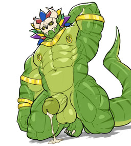 abs anthro balls biceps bodily_fluids bone bone_mask cum erection genital_fluids genitals glans green_body humanoid_genitalia humanoid_penis looking_at_viewer low-angle_view male mask muscular muscular_anthro muscular_male navel nipple_piercing nipple_ring nipples non-mammal_balls pecs penis piercing ring_piercing simple_background skull skull_mask solo tail white_background arkyhorny terraria witch_doctor_(terraria) lihzahrd reptile scalie hi_res