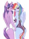 2017 absurd_res anthro anthrofied backless_clothing backless_swimsuit blush breasts clothed clothing duo equid equine female friendship_is_magic hair hand_holding hasbro hi_res horn long_hair looking_at_viewer looking_back mammal mrscurlystyles multicolored_hair multicolored_tail my_little_pony mythological_creature mythological_equine mythology one-piece_swimsuit one_eye_closed open-back_swimsuit pegasus pink_eyes purple_eyes rainbow_dash_(mlp) rainbow_hair rainbow_tail side_boob simple_background smile swimwear tail twilight_sparkle_(mlp) white_background winged_unicorn wings wink