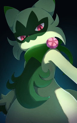 ambiguous_anthro ambiguous_gender anthro biped cheek_tuft claws facial_markings facial_tuft finger_claws fingers front_view fur green_body green_ears green_fur green_tail head_markings light looking_down markings mask_(marking) pink_eyes pink_nose pupils slit_pupils solo standing tail tuft white_claws rumine nintendo pokemon felid feline floragato generation_9_pokemon mammal pokemon_(species) 2026 hi_res lighting portrait shaded three-quarter_portrait