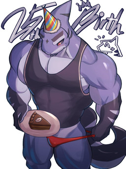 anthro biceps biped black_sclera cake clothing dessert food male muscular muscular_anthro muscular_male muscular_thighs red_eyes shirt solo speedo swimwear tank_top topwear connecting_y aquatic fish shark 2025 hi_res
