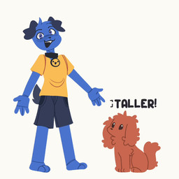 3_toes 5_fingers anthro anthro_focus barefoot black_collar blue_body blue_eyes blue_fur blush bodily_fluids bottomwear brown_body brown_fur clothing collar feet feral fingers floppy_ears fur grey_body grey_bottomwear grey_clothing grey_fur grey_shorts holding_leash holding_object leash looking_at_viewer male male_focus nervous nervous_smile shirt shorts simple_background smile solo_focus sweat t-shirt talking_to_viewer text toes topwear white_background yellow_clothing yellow_shirt yellow_topwear dalueart dalue_(dalueart) canid canine canis domestic_dog mammal 1:1 animated english_audio english_text short_playtime sound subtitled video