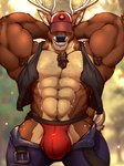 abs anthro antlers armpit_hair belt big_bulge biped body_hair bottomwear bottomwear_down brown_body brown_fur bulge clothed clothing detailed_bulge flexing fur grin grinning_at_viewer hat hat_over_eyes headgear headwear hidden_eyes horn jockstrap male male_anthro muscular muscular_anthro muscular_male pants pants_down partially_clothed pecs presenting smile solo teeth topwear underwear vest gardenkaiser deer mammal hi_res