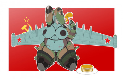 aircraft airplane anthro areola back_wings belly big_areola big_belly big_breasts big_nipples breasts brown_body cockpit curvy_figure cutlery female fin food fork front_view garter_belt garter_straps genitals green_body grey_body jet kitchen_utensils kneeling machine metallic_body nipples not_furry nude nude_anthro nude_female overweight overweight_anthro overweight_female pancake plate simple_background solo soviet_flag thick_thighs tools vehicle voluptuous vulva wheel wheel_feet wide_hips wings ndragon3 su-25 sukhoi aeromorph living_aircraft living_machine living_vehicle digital_media_(artwork) hi_res
