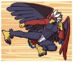 2019 4_toes abs absurd_res action_pose anthro anthrofied athletic athletic_anthro athletic_male avian barefoot beak bird blue_body border braviary claws clothed clothing feathers feet flying_kick generation_5_pokemon hi_res kick male megawolf77 midair multicolored_body nintendo pecs pokemon pokemon_(species) pokemorph pose red_body soles solo talons toes topless white_body white_border wings yellow_beak yellow_body