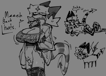anthro big_breasts breasts clothed clothing crop_top crotch_tuft dialogue female grey_background hat headgear headwear jacket legwear lying markings on_side open_clothing open_jacket open_topwear pantsless pantsless_anthro shirt simple_background slim solo spade_tail standing striped_markings striped_tail stripes tail tail_markings text thigh_highs topwear tuft ushanka btascandalist bat_(btascandalist) imp english_text monochrome sketch nonbinary_(lore)