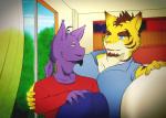 aged_up anthro beard cuddling duo eyebrows facial_hair hug male male/male romantic romantic_couple smile sunny thick_eyebrows paomer morenatsu shin_(morenatsu) torahiko_(morenatsu) domestic_cat felid feline felis mammal pantherine tiger hi_res