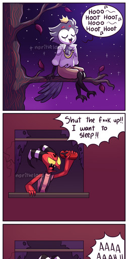 4_panel_comic angry animal_noises anthro avian_feet avian_legs beak blue_clothing blue_shirt blue_topwear bodily_fluids bottomwear brown_bottomwear brown_clothing brown_shorts building censored_profanity clothed clothing clown_costume crown detailed_background dialogue empty_eyes eyes_closed feathers footwear forehead_tattoo green_clothing headgear holding_clothing holding_footwear holding_object holding_sandals horn icepack male night one_eye_closed pain pink_clothing pink_shirt pink_sleeveless_shirt pink_topwear plant red_body red_eyes red_skin sandals screaming shirt shoes shorts simple_background singing sitting_on_tree sleeveless_shirt speech_bubble striped_horn stripes suspenders sweat sweatdrop tail tail_feathers tears text throwing_footwear throwing_object topwear tree white_background white_face window yelling yellow_eyes yellow_sclera young norithelord hellaverse helluva_boss blitzo_(helluva_boss) fizzarolli_(helluva_boss) stolas_(helluva_boss) avian bird demon horned_humanoid humanoid imp owl owl_demon 2022 4koma absurd_res artist_name comic english_text hi_res watermark