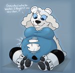 3_toes ambiguous_gender ambiguous_prey anthro anthro_pred barefoot belly big_belly big_breasts black_nose black_pawpads blue_background blue_clothing blue_eyes blue_sclera breasts clothed clothing duo eyelashes feet female female_focus female_pred fur hindpaw mass_vore multiple_prey overweight pawpads paws simple_background sitting soles text toes torn_clothing vore white_body white_fur denaturedalbumin mave_(denaturedalbumin) bear mammal polar_bear ursine english_text