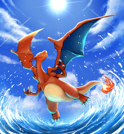 ambiguous_gender blue_eyes claws cloud day feral fire flaming_tail flying membrane_(anatomy) membranous_wings orange_body orange_skin outside sea sky smile solo sun tail teeth water wings tessy mythology nintendo pokemon charizard dragon generation_1_pokemon mythological_creature mythological_scalie pokemon_(species) scalie 2014 absurd_res hi_res