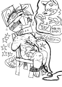 ankle_cuffs anthro asking_for_consent bdsm big_teeth blush bodily_fluids bondage bound car_battery chair chair_bondage collar crocodile_clip cuff_(restraint) dialogue drooling duo egg_vibrator eyes_closed eyewear female female/female furniture glasses hands_behind_back hands_tied pain pinch rectangular_glasses restraints saliva sex_toy smile smirk speech_bubble star_symbol struggling vibrator wearing_glasses wahlgo robot_(wahlgo) zelda_(wahlgo) beaver canid canine canis domestic_dog mammal rodent black_and_white hi_res monochrome sketch