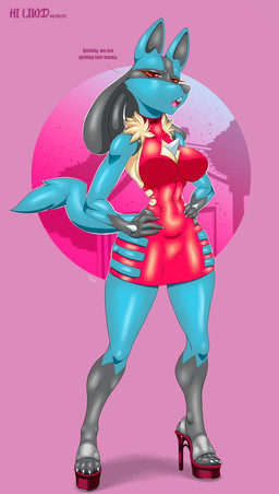 anthro big_breasts black_body black_fur blue_body blue_fur breasts chest_spike cleavage clothed clothing dialogue dress eyelashes feet female footwear front_view fur gloves_(marking) hands_on_hips high_heels leg_markings looking_at_viewer markings narrowed_eyes navel_outline open_mouth pink_background purple_background red_clothing red_dress red_eyes shoes simple_background socks_(marking) solo spikes spikes_(anatomy) talking_to_viewer tan_body tan_fur text thick_thighs wide_hips hiliwd nintendo pokemon generation_4_pokemon lucario pokemon_(species) english_text