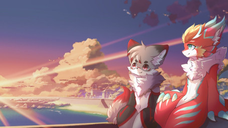 anthro big_eyes biped blue_eyes cute_fangs duo fangs fur grey_body grey_fur kemono male pink_eyes red_body red_fur sky skyscape slim_anthro slim_male teeth white_body white_fur hlg7777 mythology canid canine dragon fox furred_dragon furred_scalie mammal mythological_creature mythological_scalie scalie 2020