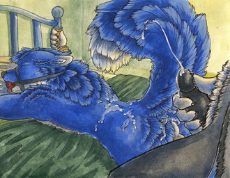 anthro ball_gag bdsm bed bed_bondage blue_body blue_fur bodily_fluids bondage bound butt cum cum_on_back cumshot dominant dominant_male duo ejaculation erection eyes_closed fur furniture gag gagged genital_fluids genitals grey_body grey_fur halter harness harness_ball_gag harness_gag humanoid_genitalia humanoid_penis inside male male/male muzzle_(object) muzzled on_bed orgasm penis spread_eagle submissive submissive_male tail tongue tongue_out ruaidri canid canine canis mammal wolf