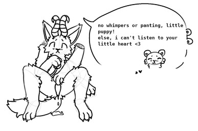 2_horns anthro bdsm big_ears blush blush_lines bodily_fluids cardiophilia claws dialogue disembodied_hand dripping duo embarrassed female fluffy fluffy_tail flushed genital_fluids genitals heart_symbol horn lying male medical_instrument on_back penis pet_praise petplay praise precum precum_drip precum_on_ground roleplay scientific_instrument sitting sitting_on_ground speech_bubble stethoscope tail text wafas bear domestic_cat felid feline felis mammal english_text guide_lines monochrome sketch