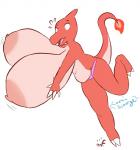 2018 absurd_res anthro areola belly big_areola big_breasts big_nipples breasts charmeleon clothing cosmicscourge female fire generation_1_pokemon hi_res huge_breasts hyper hyper_breasts navel nintendo nipples non-mammal_breasts panties pokemon pokemon_(species) reptile scalie slightly_chubby solo surprise tripping underwear