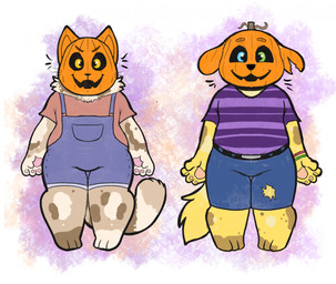 3_toes 4_fingers anthro barefoot belt belt_buckle black_belt black_mouth blue_bottomwear blue_clothing blue_eyes blue_overalls blue_shorts bottomwear brown_body brown_fur brown_tail buckle clothed clothed_anthro clothed_male clothing duo eyebrows feet fingers floppy_ears for_a_head front_view fully_clothed fully_clothed_anthro fully_clothed_male fur furrowed_brow furrowed_eyebrows green_eyes hand_pawpads heterochromia holidays looking_at_viewer lop_ears male male_anthro multicolored_body multicolored_fur multicolored_tail notched_ear open_mouth open_smile orange_eyebrows orange_head overalls pattern_clothing pattern_shirt pattern_t-shirt pattern_topwear pawpads pink_pawpads pockets pumpkin_head purple_clothing purple_shirt purple_t-shirt purple_topwear red_clothing red_shirt red_t-shirt red_topwear red_wristband shirt shorts slightly_chubby slightly_chubby_anthro slightly_chubby_male smile smiling_at_viewer standing straight_arms striped_clothing striped_shirt striped_t-shirt striped_topwear stripes t-shirt tail tan_pawpads toes topwear torn_bottomwear torn_clothing torn_shorts whiskers yellow_body yellow_eyes yellow_fur yellow_tail ractoons halloween canid canine felid feline hybrid mammal object_head 2021 digital_drawing_(artwork) digital_media_(artwork) flat_colors