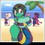 anthro balls beach big_balls big_breasts big_bulge big_butt big_penis bikini blush blush_stickers breast_squish breasts bulge butt chibi clothing curled_tail curvy_figure eyebrows flaccid genitals green_body green_skin group gynomorph holding_object horn huge_balls huge_breasts huge_bulge huge_penis humanoid_pointy_ears hyper hyper_balls hyper_bulge hyper_genitalia hyper_penis intersex motion_lines one-piece_swimsuit palm_tree penis plant pointy_ears red_body red_eyes red_skin sea short_stack short_tail simple_background slightly_chubby solo_focus spade_tail squish summer swimwear tail thick_eyebrows thick_thighs tight_clothing topwear tree tube_top two-piece_swimsuit water wide_hips thisnameistaken devi_(thisnameistaken) lily_(thisnameistaken) panila_(thisnameistaken) demon domestic_pig humanoid mammal reptile scalie suid suina sus_(pig) turtle hi_res