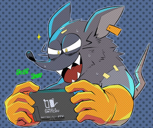 anthro clothing dotted_background ear_piercing ear_tag electronics game_console gaming gloves handwear male pattern_background piercing playing_video_game simple_background solo text toony kai11k mad_rat_dead nintendo nintendo_switch nippon_ichi_software mad_rat_(mad_rat_dead) mammal murid murine rat rodent 6:5