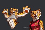 abs action_pose anthro athletic athletic_anthro athletic_female bra breasts clothed clothing female fur orange_body orange_fur pawpads paws pose red_eyes simple_background smile solo sports_bra stripes teeth topwear underwear white_body white_fur yellow_sclera alytarch dreamworks kung_fu_panda master_tigress felid mammal pantherine tiger 2025 digital_drawing_(artwork) digital_media_(artwork) digital_painting_(artwork) painting_(artwork) signature sketch watermark