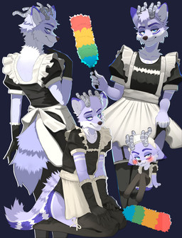 anthro black_clothing black_dress black_footwear black_legwear black_socks black_thigh_highs blue_eyes blush chibi cleaning_tool clothed clothing crossdressing crossdressing_male dress feather_duster footwear fur fur_markings garter_belt garter_belt_socks garter_straps horn inner_ear_fluff kneeling legwear looking_at_viewer maid_uniform male markings purple_background purple_body purple_fur simple_background sitting socks solo standing thigh_highs tuft uniform white_body white_clothing white_dress white_fur xkewan canid canine mammal hi_res multiple_scenes