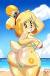 anthro beach big_breasts bikini breasts camel_toe camel_toe_from_behind clothing female markings mole_(marking) mole_on_butt montgomery_glands pose presenting seaside solo sunburn swimwear two-piece_swimsuit gomezcat animal_crossing nintendo isabelle_(animal_crossing) canid canine canis domestic_dog mammal 2023 absurd_res hi_res pinup