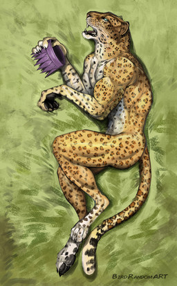 anthro biceps blue_eyes claws crown digitigrade grass headgear holding_object lying male muscular muscular_male nude on_side open_mouth pecs plant solo tail whiskers birdrandomart the_lesser_key_of_solomon ose_(goetia) demon felid leopard mammal pantherine hi_res