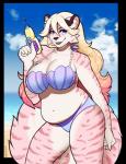 anthro bad_trigger_discipline beach big_breasts bikini blonde_hair breasts cleavage clothed clothing day female fur hair long_hair looking_at_viewer multicolored_hair navel open_mouth outside overweight overweight_anthro overweight_female pink_body pink_fur pink_hair seaside smile solo swimwear two-piece_swimsuit water_pistol white_body white_fur porin marzipan_(spottedtigress) felid feline mammal pantherine tiger 2019 alpha_channel digital_media_(artwork) hi_res shaded