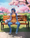 anthro bedroom_eyes bench bite biting_lip blue_body blue_eyes blue_fur blue_hair blush breasts cherry_blossom cherry_tree clothed clothing crossed_legs day dress female flashing flower fluffy fluffy_tail front_view fruit_tree fur genitals hair inner_ear_fluff looking_at_viewer narrowed_eyes nipple_outline nipples no_underwear outside park park_bench plant presenting presenting_pussy prunus_(flower) pussy seductive sitting sky solo spread_legs spreading sundress tail tree tuft upskirt yellow_clothing yellow_dress ariannafray_pr nintendo star_fox krystal_(star_fox) canid canine fox mammal 4:5 hi_res