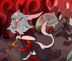 animal_genitalia blood bodily_fluids erection femboy forest genital_slit genitals gore gore_focus hair long_hair long_tongue makeup masturbation organs penile penile_masturbation penis plant seam_(sewing) solo tendrils tongue tree shizameakanzatsu chimera nethermare absurd_res hi_res story story_in_description