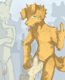 5_fingers anthro arm_tuft black_nose blush bodily_fluids body_blush chest_tuft cigarette cum cum_from_mouth cum_in_mouth cum_inside cute_fangs deep_throat elbow_tuft eyebrows facial_tuft fangs fellatio fingers floppy_ears fluffy fluffy_tail fur genital_fluids genitals gesture group hand_gesture hand_on_head hands_behind_back humanoid_genitalia humanoid_penis kemono looking_at_viewer male male/male male_anthro male_penetrating middle_finger nude_anthro nude_male oral oral_penetration orange_body orange_eyebrows orange_fur penetration penile penis penis_blush sex shoulder_tuft smoking smoking_cigarette snout standing tail teeth tuft regcron william_(regcron) canid canine canis domestic_dog mammal 2026 hi_res