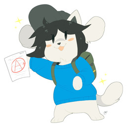backpack black_clothing black_hair black_hat black_headwear blue_clothing blue_sweater blue_topwear blush blush_stickers clothing fur green_backpack hair hat headgear headwear holding_object holding_paper paper raised_tail simple_background smile solo sparkles sweater tail topwear white_background white_body white_fur undertale undertale_(series) temmie_(undertale) mammal tem digital_drawing_(artwork) digital_media_(artwork) hi_res