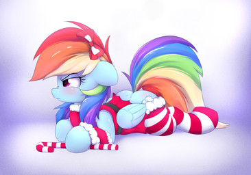 abstract_background blue_body blue_feathers blush butt candy candy_cane clothed clothed_feral clothing cutie_mark dessert feathered_wings feathers female feral food grumpy hair holidays lying multicolored_hair multicolored_tail on_front rainbow_hair rainbow_tail solo tail wings heavymetalbronyyeah christmas friendship_is_magic hasbro my_little_pony mythology rainbow_dash_(mlp) equid equine mammal mythological_creature mythological_equine pegasus 2015 hi_res