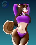 anthro breasts brown_body brown_fur brown_hair clothing collar ear_piercing female fur hair long_hair looking_at_viewer panties piercing pink_eyes pink_nose purple_clothing solo teeth thick_thighs tongue tongue_out underwear darkdukewolf chanette_(capuccinichan) canid canine canis domestic_dog husky mammal nordic_sled_dog spitz absurd_res hi_res watermark