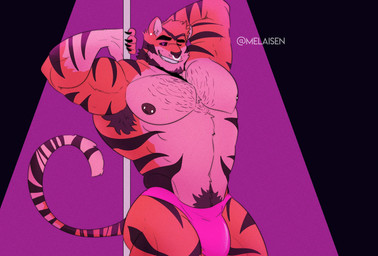 anthro big_bulge black_sclera brown_nipples bulge clothing countershading facial_piercing fur grin male markings muscular muscular_anthro muscular_male nipple_piercing nipples nose_piercing nose_ring one_eye_closed orange_body orange_fur piercing pink_body pink_clothing pink_countershading pink_fur pink_underwear pole pubes purple_eyes ring_piercing smile solo striped_arms striped_legs striped_markings striped_tail stripes stripper_pole tail tail_markings teeth text underwear wink melaisen ramiro_(melaisen) felid mammal pantherine tiger 2021 absurd_res artist_name digital_media_(artwork) hi_res portrait three-quarter_portrait