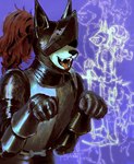 ambiguous_gender anthro covered_face hidden_eyes knight knight_armor melee_weapon paw_pose pose solo sword tongue tongue_out warrior weapon p0nyplanet canid canine canis mammal wolf hi_res painting_(artwork)