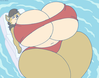 anthro big_breasts black_hair breasts brown_eyes female fur hair huge_breasts huge_thighs hyper hyper_breasts lying navel on_back pool_float solo tan_body tan_fur thick_thighs voluptuous_anthro voluptuous_female water wide_hips virus-20 june_coyote canid canine canis coyote mammal 2022 digital_media_(artwork)