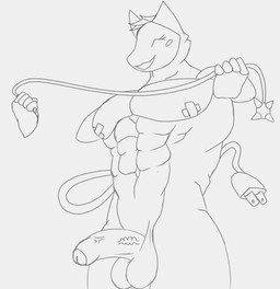 anthro big_penis crossgender genitals machine male muscular muscular_male penis smile solo whip unknown_artist deltarune izen_puppyfox undertale_(series) tasque_manager ziluloi_tasque darkner robot monochrome