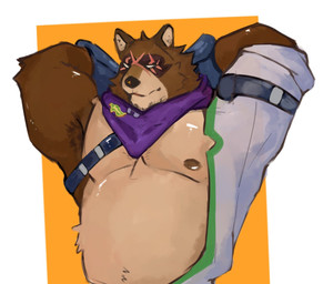armpit_hair blind body_hair brown_body brown_fur brown_nipples clothed clothing disability eye_scar facial_scar fur hand_behind_head male multicolored_body multicolored_fur nipples scar simple_background tan_body tan_fur two_tone_body two_tone_fur white_background hirakie1 epic_games fortnite hajime_(fortnite) canid canine mammal raccoon_dog tanuki 2025 colored hi_res