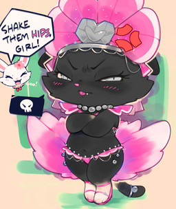 ambiguous_form ambiguous_gender annoyed anthro anthro_focus belly_dancer biped black_body black_text blep blush blush_lines bottomwear clothed clothed_anthro clothed_female clothing crossed_arms cute_fangs dialogue duo exclamation_point eyebrows eyelashes eyes_closed fangs feet female female_anthro female_focus grey_eyes headgear headwear jewelry leg_markings looking_at_viewer markings narrowed_eyes navel necklace open_mouth open_smile pink_bottomwear pink_clothing pink_nose pink_text pink_topwear pupils semi-anthro skull_symbol slit_pupils smile socks_(marking) solo_focus speech_bubble standing tail talking_to_another teeth text tongue tongue_out topwear white_body white_ears white_sclera ligma_(artist) jewelpet sanrio sega sega_fave diana_(jewelpet) ruby_(jewelpet) domestic_cat felid feline felis lagomorph leporid mammal rabbit 2026 digital_media_(artwork) english_text handwritten_text hi_res shaded