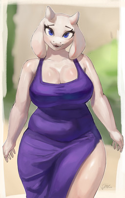 2_horns 5_fingers anthro bare_shoulders belly big_breasts big_eyes big_iris biped black_eyebrows blue_eyes blurred_background border breasts cleavage clothed clothed_anthro clothed_female clothing collarbone dress dress_only eyebrows eyelashes female fingers floppy_ears front_view fur glistening glistening_arms glistening_body glistening_breasts glistening_eyes glistening_fur glistening_legs glistening_thighs horn humanoid_hands iris light_body light_fur long_eyelashes looking_at_viewer lop_ears mature_anthro mature_female open_mouth open_smile outline outside_border pink_tongue pupils purple_clothing purple_dress shadow slightly_chubby slightly_chubby_anthro slightly_chubby_female smile smiling_at_viewer snout solo standing teeth thick_eyelashes thick_thighs tongue white_body white_border white_breasts white_ears white_fur white_horn white_outline white_sclera wide_hipped_anthro wide_hipped_female wide_hips year vakira undertale undertale_(series) toriel boss_monster_(undertale) bovid caprine goat mammal 2026 absurd_res digital_drawing_(artwork) digital_media_(artwork) hi_res portrait signature three-quarter_portrait