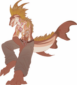 anthro bottomwear clothed clothing dorsal_frill frill_(anatomy) grey_bottomwear grey_clothing grey_pants head_crest head_frill looking_at_viewer male male_anthro narrowed_eyes open_mouth orange_body pants red_tongue simple_background slim_anthro slim_male solo tail tail_frill tattoo tongue topless white_background white_body swampjaws aquatic fish hi_res