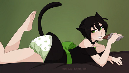 black_collar black_hair black_tail candy cat_tail chocolate clean_diaper clothed clothing collar dessert diaper dress female food green_bow green_eyes hair jewelry lipstick lying makeup on_front pendant purple_lipstick solo tail waist_bow wearing_diaper merunyaa animal_humanoid cat_humanoid felid felid_humanoid feline feline_humanoid humanoid mammal mammal_humanoid 2016 digital_media_(artwork)