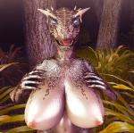 anthro big_breasts biped blue_eyes breasts dark female forest front_view grass horn huge_breasts humanoid_hands looking_at_viewer nipples non-mammal_breasts nude open_mouth outside plant scales sharp_teeth shrub solo teeth tongue tree tree_bark spaghettistorm bethesda_game_studios microsoft skyrim the_elder_scrolls argonian reptile scalie 2017 3d_(artwork) digital_media_(artwork) source_filmmaker_(artwork)