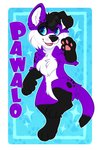 anthro badge black_hair black_nose black_paws floppy_ears footprint fur hair male markings pawpads pawprint pawprint_(marking) paws purple_body purple_fur raised_paw solo white_body white_fur applepup pawalo canid canine canis domestic_dog elkhound mammal spitz 2018