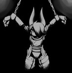 2_horns ambiguous_gender anthro armor black_background bound breastplate chain chained clothed clothing front_view fully_clothed hair hair_over_eye hanging_by_wrists horn legwear looking_at_viewer one_eye_obstructed raised_arms simple_background solo suspension neko3240 demon 2023 greyscale hi_res monochrome