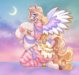 5_fingers anthro big_breasts blonde_hair blue_eyes breasts clothed clothing eyelashes female fingers fur hair holding_breast huge_breasts kneeling legband long_hair navel nipples open_mouth overweight overweight_anthro overweight_female pink_body pink_fur solo striped_body striped_fur stripes teeth thick_thighs thighband tongue white_body white_fur tiggybloom marzipan_(tiggybloom) equid equine horse mammal 2026 dated hi_res