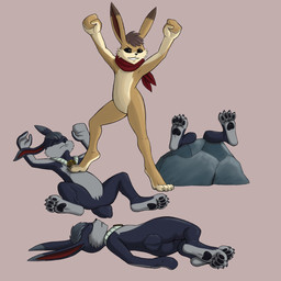 anthro boulder clothing featureless_crotch fluffy fluffy_tail group hair jewelry kerchief lying necklace on_back paws rock simple_background step_pose tail analpaladin monster_rancher tecmo evil_hare_(monster_rancher) hare hare_(monster_rancher) lagomorph leporid mammal 1:1 hi_res