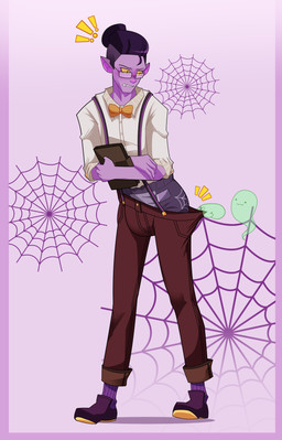 abdl assisted_exposure blush bow_tie diaper embarrassed eyewear glasses holding_notebook looking_down male pantsing pulling_down_pants purple_body purple_skin solo spider_web surprised suspenders paddedprotection monster_prom_(series) liam_de_lioncourt ghost humanoid spirit vampire hi_res