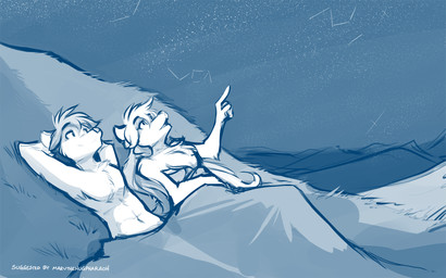 abs anthro clothed clothing duo female gesture hand_gesture lying male navel night on_back outside pointing sky smile star star_gazing topless topless_male under_covers conditional_dnp tom_fischbach twokinds raine_silverlock zen_(twokinds) canid canine canis keidran mammal wolf 16:10 2017 adobe_photoshop_(artwork) blue_and_white digital_media_(artwork) hi_res monochrome sketch widescreen